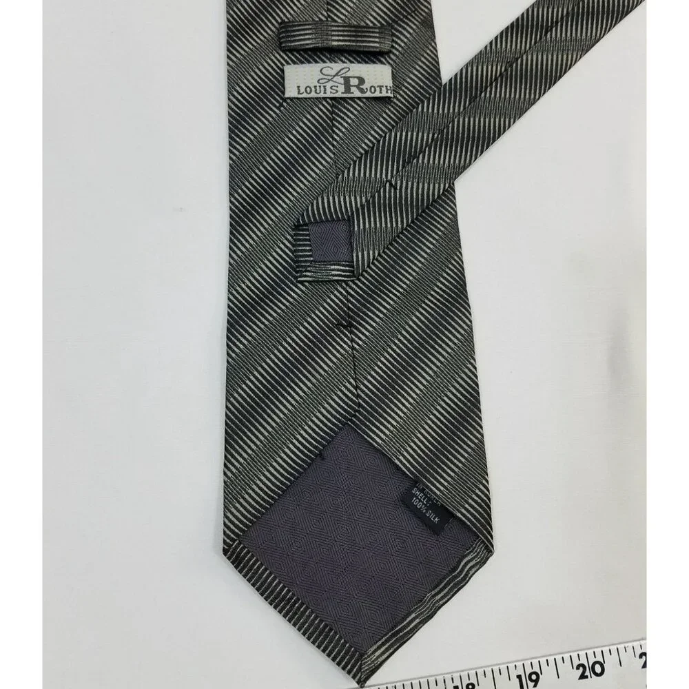 Louis Roth Mens Necktie Gray Black Striped Silk Tie Made in Korea